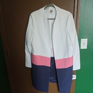 Anne Klein White Pink Navy Colorblock Longline Coat - 12